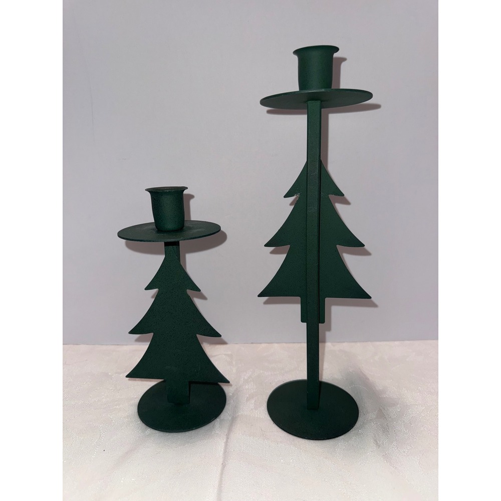Pair Green Metal Christmas Tree Taper Candle Holders Modern Rustic Holiday Decor